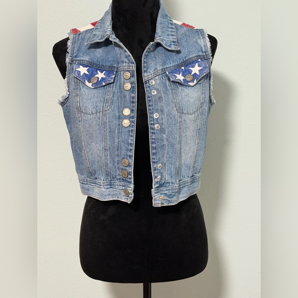 L.E.I. Vintage Y2K American Flag Denim Vest - S